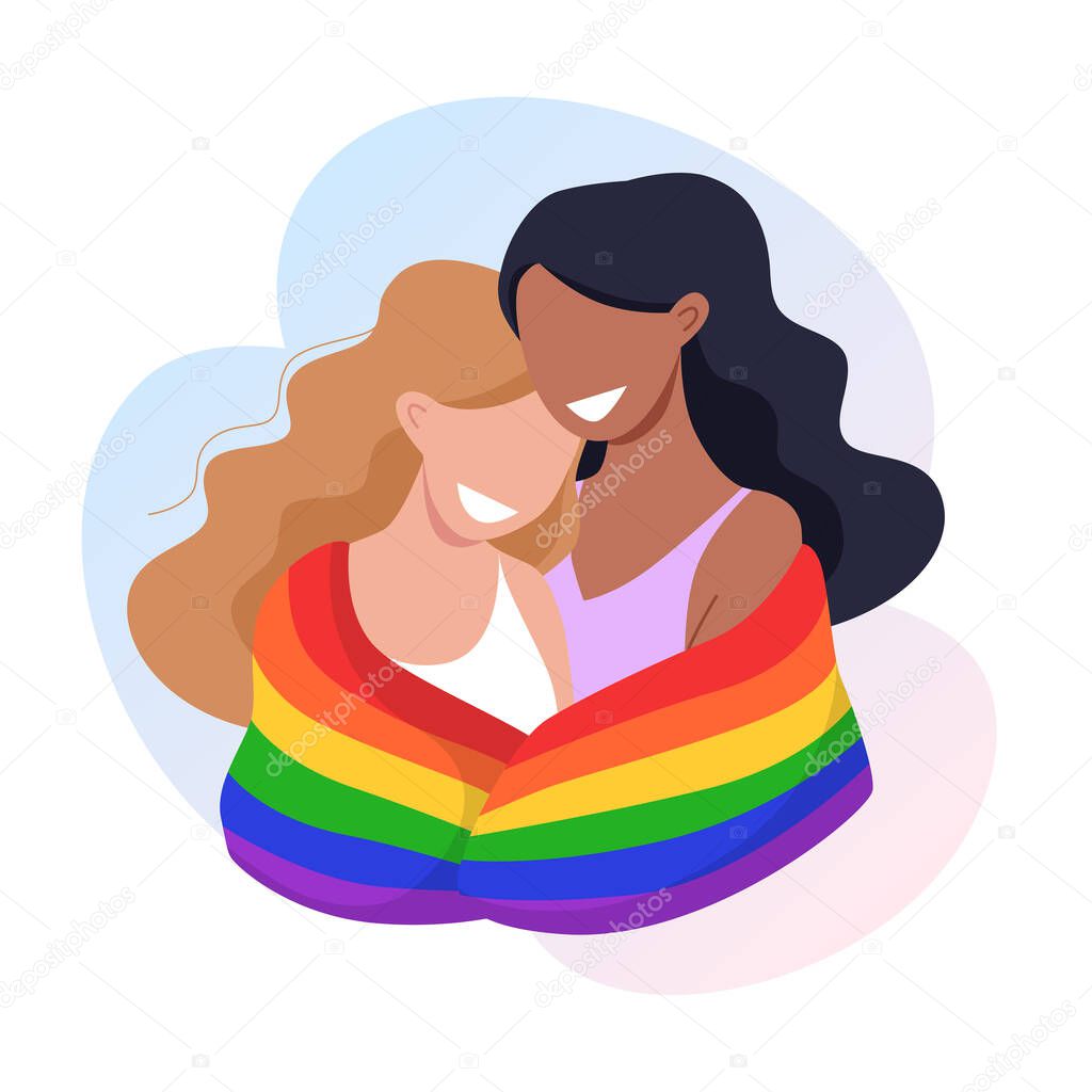Young women couple hug each other and hold a rainbow LGBT pride flag. Sexual minority rights concept. Vector illustration.
