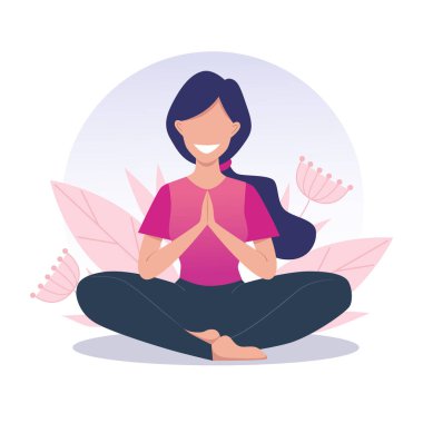 Genç ve mutlu bir kız yoga yapar ve meditasyon yapar. Fiziksel ve ruhsal uygulama. Lotus pozisyonu, Padmasana. Çizgi film tarzında vektör illüstrasyonu.