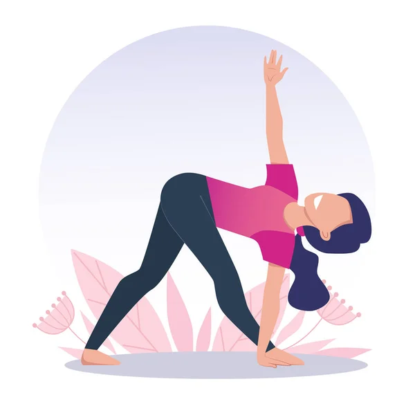 Young Happy Girl Practices Yoga Meditates Trikonasana Triangle Pose Physical — Stock Vector