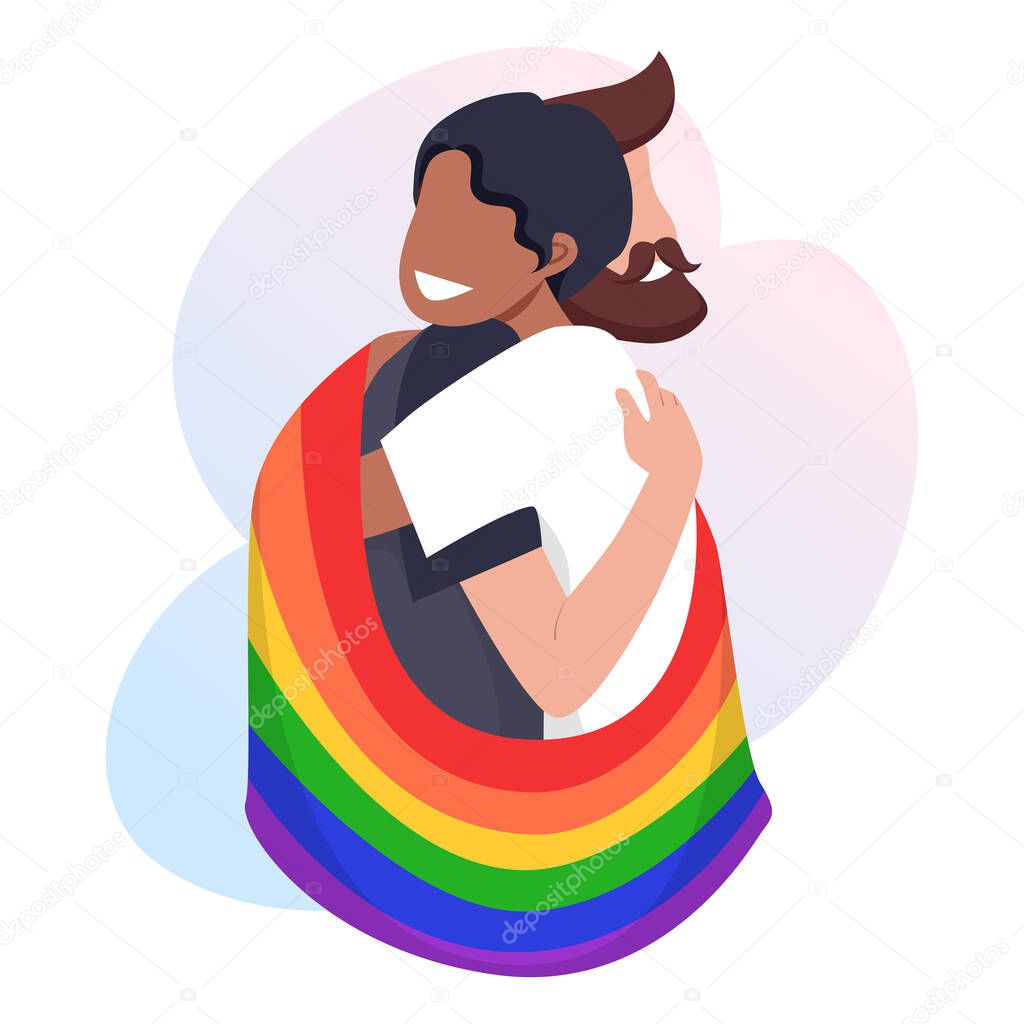 Young men couple hug each other and hold a rainbow LGBT pride flag. Sexual minority rights concept. Vector illustration.