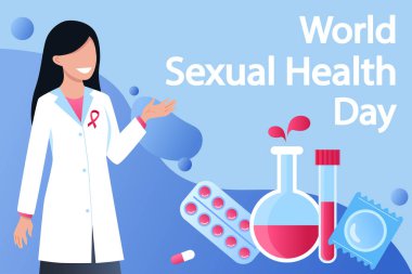 Dünya cinsel sağlık günü. Kadın doktor, ilaç ve sağlık hizmetleri konsepti. Kırmızı kurdele, test tüpleri, haplar. AIDS günü, vektör illüstrasyonu.