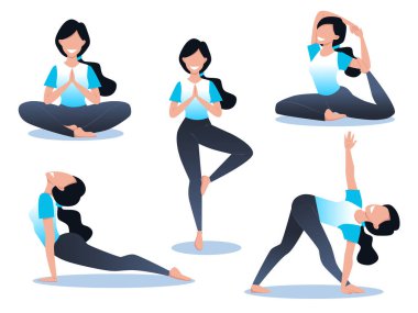Genç ve mutlu bir kız yoga yapar ve meditasyon yapar. Fiziksel ve ruhsal uygulama. Yoga için birkaç poz. Çizgi film tarzında vektör illüstrasyonu.