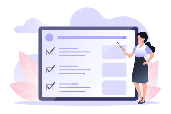 Siyah saçlı genç bir kadın elinde bir kalemle ekranda sunum yapıyor. Online eğitim, zaman yönetimi. Web tasarımı için vektör düz illüstrasyon
