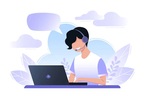 Genç adam bir dizüstü bilgisayar üzerinde çalışıyor. Merkezi ara. Çocuk çağrıya cevap veriyor, destek servisi. Online danışmanlık, çevrimiçi yardım. Vektör düz çizim. Sevkiyat memuru