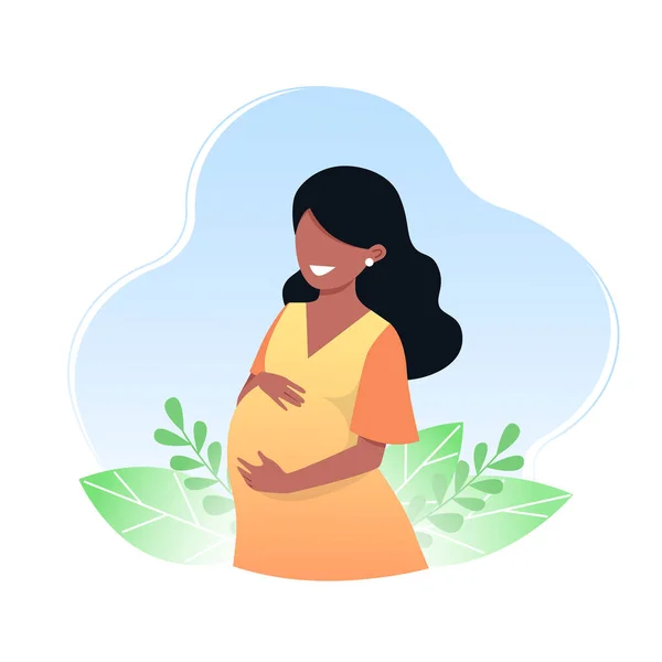 Pregnant Happy Young Woman Black Hair Concept Pregnancy Motherhood Care — Stock Vector