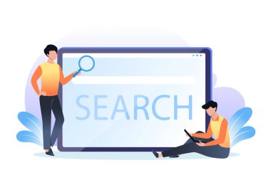 Web arama sayfası, pankart için düz tasarım illüstrasyon, sunum, reklam. Gençler ve büyük bilgisayar ekranı. Araştırma pazarlama kavramı.