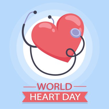 Dünya Kalp Günü, kırmızı kalp ve steteskop, web tasarımı için düz stil vektör illüstrasyonu