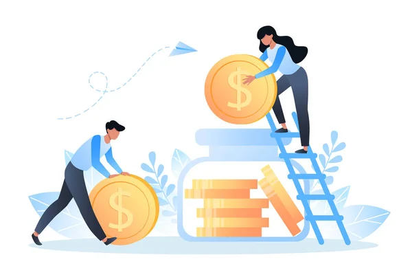 Para biriktirmek ve yatırım yapmak. İnsanlar para kutusuna dolar sikkeleri, web tasarımı için vektör illüstrasyonları, site ve mobil uygulamaları yığar