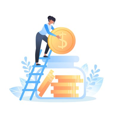 Para biriktirmek ve yatırım yapmak. Kadın para kutusuna dolar yığını, web tasarımı için vektör illüstrasyonu, site ve mobil uygulama