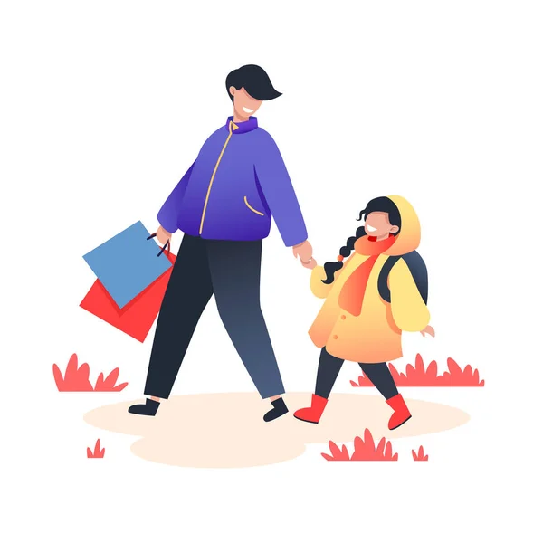 Padre Sosteniendo Hija Mano Paseo Otoñal Ropa Abrigo Ilustración Vectorial — Archivo Imágenes Vectoriales