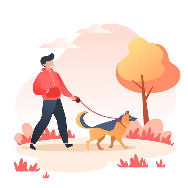 Мужчина Выгуливает Свою Счастливую Собаку Осеннем Парке Концепция Ухода Животными — стоковый вектор