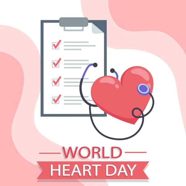 Journée Mondiale Cœur Coeur Rouge Stéthoscope Illustration Vectorielle Style Plat — Image vectorielle