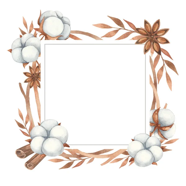 Aquarellrahmen Einladung Auf Weißem Hintergrund Baumwollblüten Anis Und Zweige Brauntönen — Stockfoto