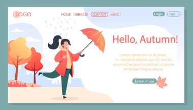 Şemsiyeli mutlu genç kadın yağmurda parkta yürüyor, sonbahar manzarası, site için vektör çizimi, web sayfası tasarımı