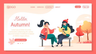 Genç kadınlar sonbahar parkında bir bankta oturup iletişim kurarlar. Temiz havada yürümek, bir arkadaşla buluşmak. Web sayfası tasarımı için düz biçimdeki vektör illüstrasyonu
