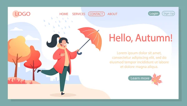 Şemsiyeli mutlu genç kadın yağmurda parkta yürüyor, sonbahar manzarası, site için vektör çizimi, web sayfası tasarımı