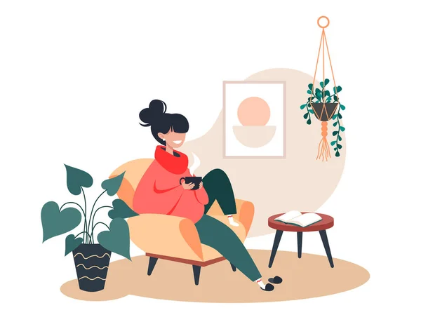 Koltuğunda otururken sıcak çay içen kız, evde kal, rahat oda içi, vektör düz çizim
