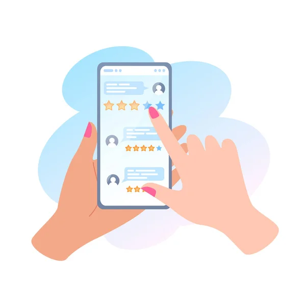 Çevrimiçi inceleme. Bir el telefonu tutuyor ve mobil uygulamayı kullanarak geri bildirim veriyor. Akıllı telefon ekranında insanların yorumları var. Vektör illüstrasyonu