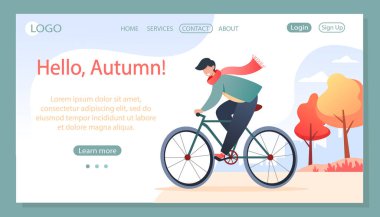 Genç adam sonbahar parkında bisiklet sürüyor, temiz havada yürüyor, fiziksel aktiviteler yapıyor. Vektör illüstrasyonu, web sayfası için tasarım, site