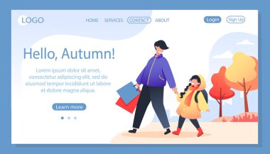 Baba kızının elini tutuyor, sonbahar yürüyüşü sıcak giysiler içinde. Vektör illüstrasyonu, web sayfası için tasarım, site