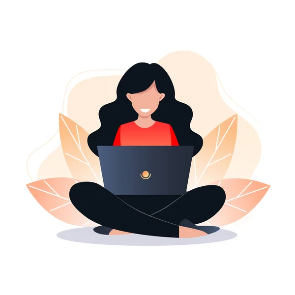 Young Woman Sitting Floor Working Laptop Freelance Vector Illustration Web — Stock Vector