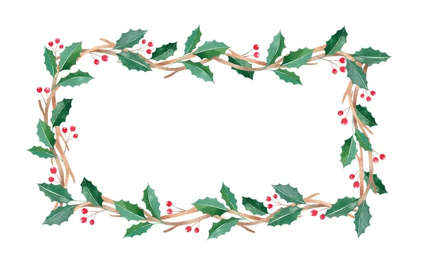 Kırmızı böğürtlenli suluboya Noel çerçevesi, suluboya yeni yıl