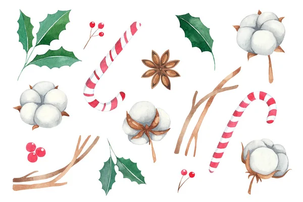 Ensemble Aquarelle Objets Noël Pour Décoration Nouvel Crochet Canne Bonbons — Photo