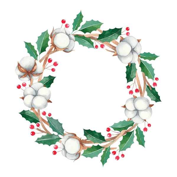 Christmas wreath with red berries and cotton flowers, watercolor paint frame New Year