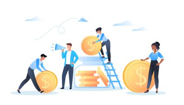Para biriktirmek ve yatırım yapmak. Bir adam megafonla ayakta duruyor. İnsanlar para kutusuna dolar sikkeleri, web tasarımı için vektör illüstrasyonları, site ve mobil uygulamaları yığar