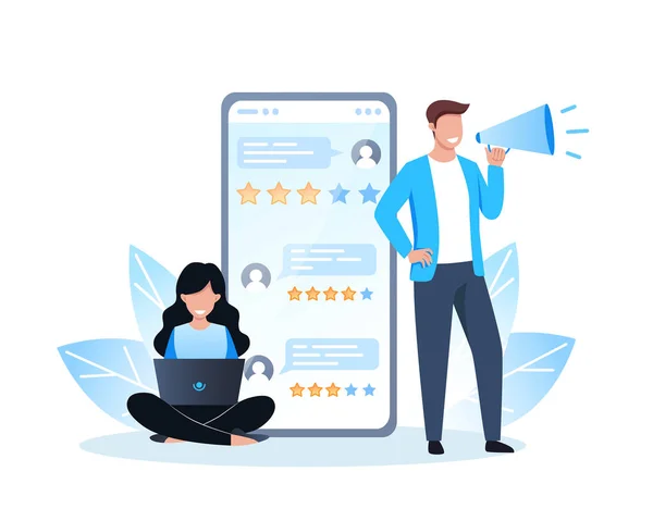 Çevrimiçi inceleme, insanlar mobil uygulamayı kullanarak geri bildirim yapıyorlar. Akıllı telefon ekranında insanların yorumları var. Bir kadın dizüstü bilgisayarla oturuyor, bir adam megafonla ayakta duruyor. Vektör illüstrasyonu