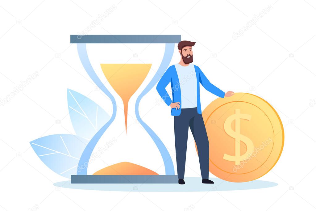 A young man stands near a dollar coin. Earning, saving and investing money. Vector illustration for website, banner