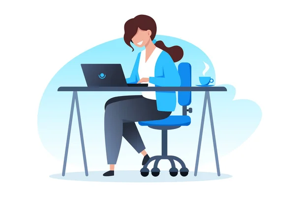 Bir Kadın Dizüstü Bilgisayarda Çalışıyor Kahve Içiyor Merkez Ofis Serbest — Stok Vektör