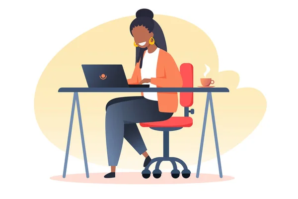 一个黑头发的年轻女人在笔记本电脑上工作 在家工作 自由职业 待在家里 矢量平面插图 — 图库矢量图片