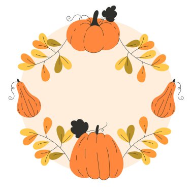 Sonbahar Sonbahar Yuvarlak Çerçevesi Yapraklar ve Boş Merkez Resimleriyle Turuncu Kabaklar