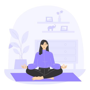 Yoga yapan kadın Sukhasana, modern oturma odasında zihinsel ve fiziksel sağlık için poz veriyor.