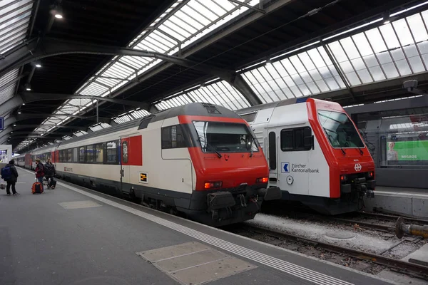 Two Trains Stopped Rail Zurich Railway Station — Stock Photo, Image