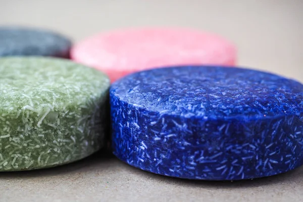 Colorful round solid shampoo bars, zero waste