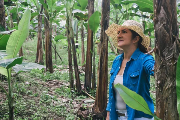 Happy middle-aged woman leaning against a banana plant in the middle of the tropical forest.