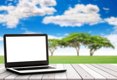 Çim ve büyük ağaçlar arka plan ile ahşap raf boş ekran ile dizüstü bilgisayar