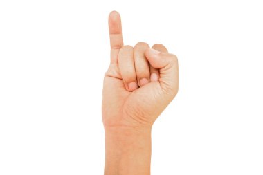 Adam el Beyaz arka plan üzerinde bir parmak göstermek