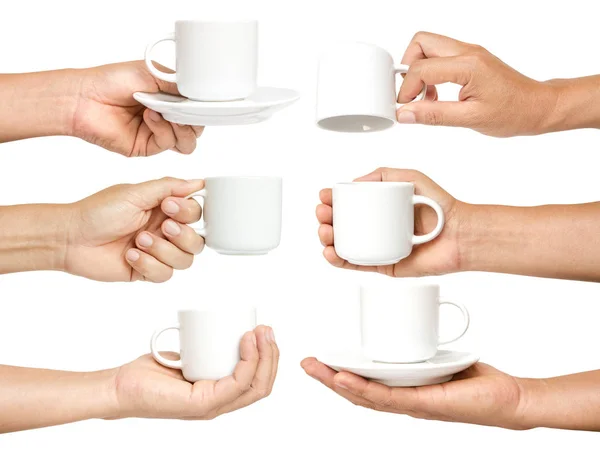 Man Hand Holding White Coffee Cup Steam Hot Drink Mug — Stock Photo, Image