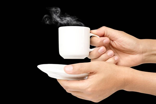 Mann Hand Hält Weiße Kaffeetasse Mit Dampf Oder Heißgetränk Becher — Stockfoto