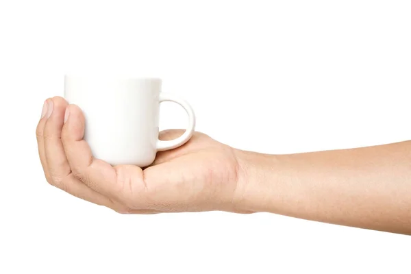 Mann Hand Hält Weiße Kaffeetasse Mit Dampf Oder Heißgetränk Becher — Stockfoto