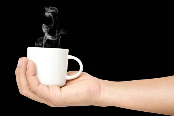 Homem Mão Segurando Xícara Café Branco Com Vapor Bebida Quente — Fotografia de Stock