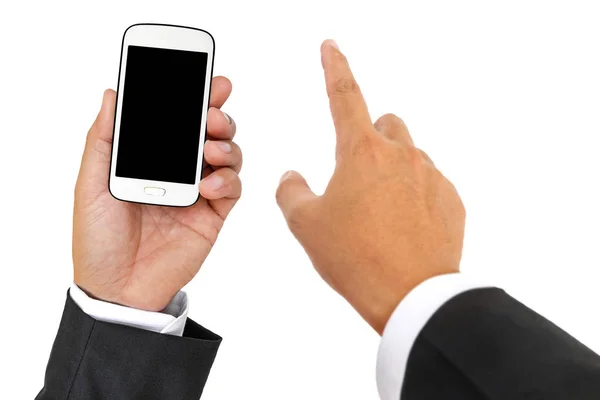 Ręka Trzyma Telefon Białym Tle Białym Tle Ścieżką Przycinającą — Zdjęcie stockowe