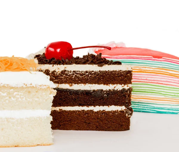 Chocolate cake , cream cake and crepe cake isolated on white background