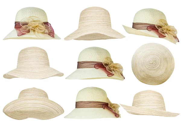 Set Cappello Paglia Moda Con Fiore Donne Isolate Sfondo Bianco — Foto Stock