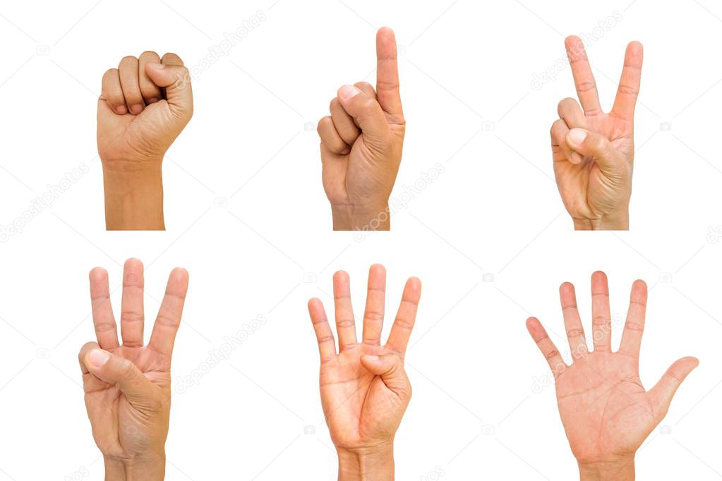 Man hand show one to five fingers on white background