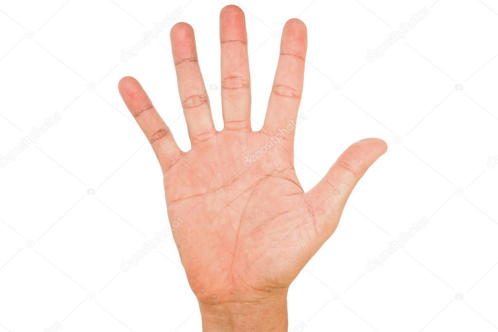 Man hand show five fingers on white background