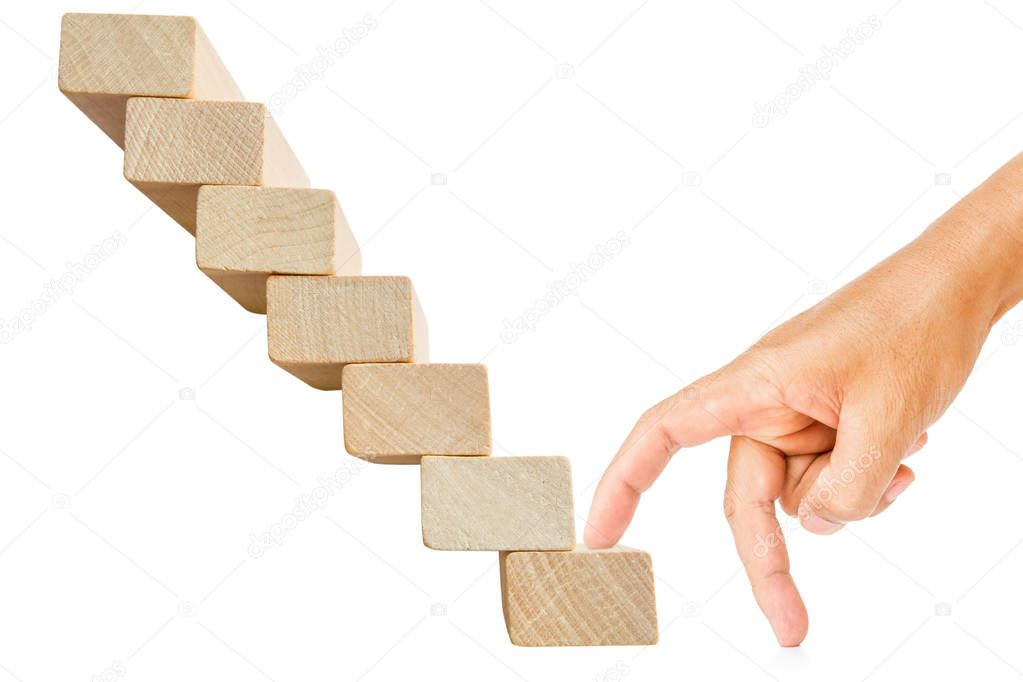 Fingers walking up blocks as stairs isolated on white background with clipping path